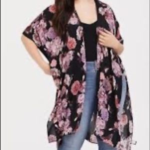 Torrid Black and Purple Floral Gauze Kimono size 1/2